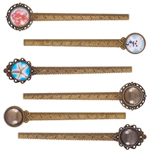SUNNYCLUE 12 Stück 3 Stile Lineal Lesezeichen Anhänger Tablett Set Runde Lesezeichen Cabochon Fassung blanko mit klarem gewölbtem Glas Cabochon für DIY Legierung Lesezeichen Machen, Antik Bronze