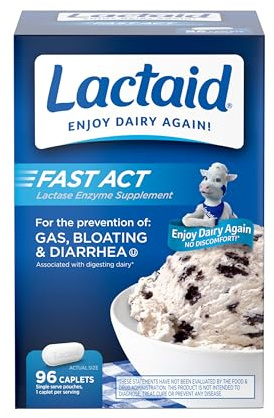 Lactaid Fast Act Lactose Intolerance Caplets with Lactase Enzyme, Dairy Relief from Gas, Bloating & Diarrhea, 9000 FCC, 96 Individual Travel On-The-Go Packs (96 x 1 ct)