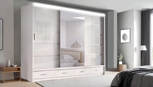 Texas Modern Bedroom Sliding Wardrobe with LED Lights - Ample Storage Space and Sleek Design comes in White/Grey/Black and Width 205cm/256cm (White, 250CM)