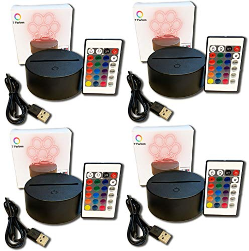 4 Stück 3D LED Lichtsockel Nachtlicht Lampensockel als Ersatz oder selber bauen. Inklusive Fernbedienung USB Kabel 3D Illusion Lampe 7 Farben. Als Deko Licht für Schlafzimmer Kinderzimmer Wohnzimmer