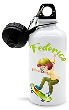 Mr. Gadgets Borraccia Personalizzabile con Nome Vari Modelli-Sport- Bambino-Bambina 500ml (Skateboard Bimbo)