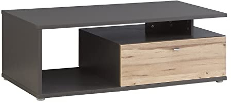 Newroom Couchtisch Grau Eiche modern Schublade Wohnzimmertisch Sofatisch | grifflos, offenes Fach mit Ablageboden, zweifarbig anthrazit, Stubentisch, Couch Tisch, für kleine Wohnzimmer