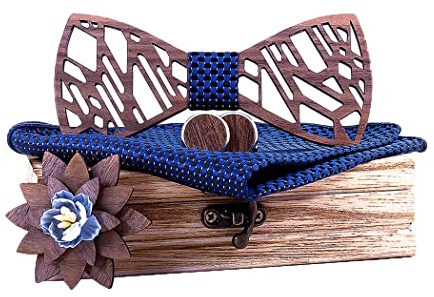 HZQIFEI Noeud Papillon Bois, Ensemble 4 Pièces Noeud Papillon en Bois + Boutons de manchette + Broche + Carré de Poche, Accessoire Mode (Style#31)