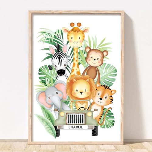 Rubybloom Designs Safari Jeep Jungle Animal Nursery Print - A4 (21cm x 29.7cm) UNFRAMED - Personalised Childrens Name Giraffe Tiger Lion Elephant Zebra Monkey Wall Art