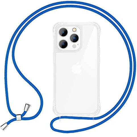 NALIA Handyhülle mit Kette kompatibel mit iPhone 14 Pro Hülle, Transparente Schutzhülle & Handy-Schnur zum Umhängen, Robust Vergilbungsfrei Klar, Hardcase & Silikon Rahmen, Kordel, Farbe:Blau
