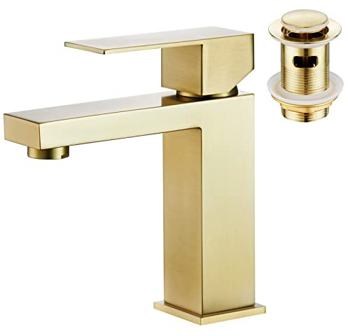 Faustina Robinet de Lavabo pour Salle de Bain et Bonde Pop Up avec Trop Plein, Robinet Mitigeur Monocommande de Salle de Bain Carré en Acier Inoxydable Brossé Or