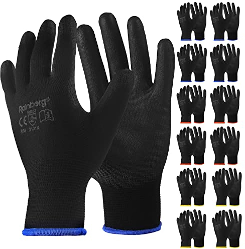 Rainberg Pack of 12 or 24 Safety Gloves, Work Gloves, with Secure Grip on Palm & Fingers, PU and Nylon Non-Slip Gloves, Ideal for General Duty Work, Gardening. (Pack of 12 Pair's, Medium)