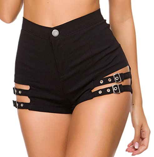 FYMNSI Damen Mini Shorts Sommer Kurze Hose Mode Hotpants Shorts Stretch Hosen Mittlere Taille Boyfriend Push Up Aushöhlen Sportleggins Unterhose Rave Tanz Lässige Gogo Clubwear Schwarz B M