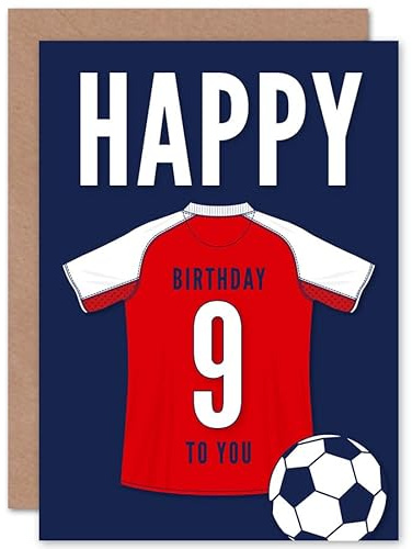 Artery8 Soccer Football 9th Birthday Card for Boys Girls Red White Jersey Football Top on Dark Blue Background