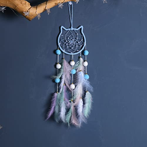 PTNKUIIY Traumfänger, Handgefertigte Dreamcatcher mit Feder Mädchen Kinder als Geschenke Zimmer Schlafzimmer Dekoration Wandbehang Wohnkultur Ornamente Apartment Schlafsaal Raumdekoration,Katze, Blau