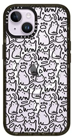 CASETiFY Impact iPhone 14 Case [4X Military Grade Drop Tested / 8.2ft Drop Protection/Compatible with Magsafe] - Funny doodle kitty cats pattern - Clear Black