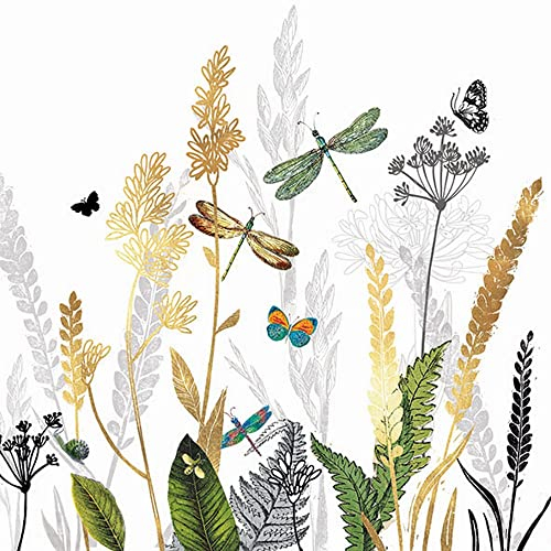 20 Servietten Naturbelassene Wiese mit Libellen weiß | Gräser | Blumen | Wiese | Sommer | Tischdeko | Decoupage | Serviettentechnik 33x33cm