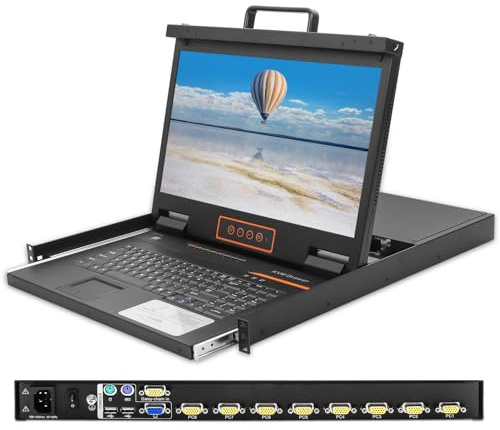 Kinan 8 Port Rack Mount Kvm Console, 18.5 1080P Lcd Display, 1U Rack Mount Monitor Keyboard, Vga Kvm Switch with Cables, Support Button/Shortcut/OSD Switching, Durable