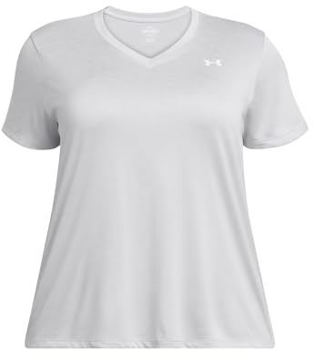 Under Armour Tech Twist für Damen, kurzärmelig, V-Ausschnitt, (014) Halo Grey/White/White, 3X
