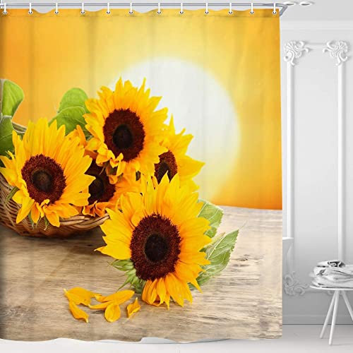 RAMOTE Duschvorhang 180x200 Gelbe Sonnenblume, Duschvorhänge Antischimmel 3D Sonne, Shower Curtains Wasserdicht Waschbar, Duschrollo für Badewanne Dusche Badezimmer, mit 12 Ringe