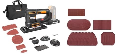 WORX - Ponceuse Multi Sans Fil - WX820.9-20V - 4000-10000/min Noir & Lot de 75 feuilles de ponçage mixtes pour ponceuse multifonction WX820 - WA2028