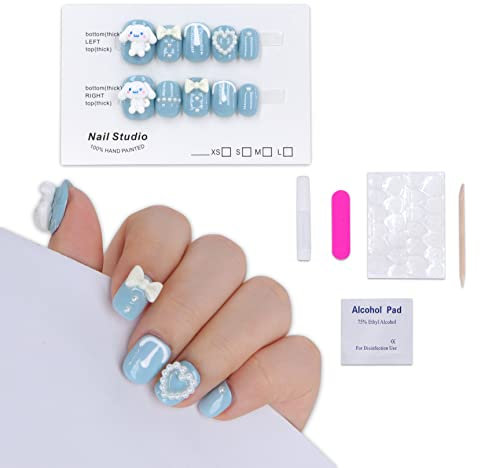 Roffatide Anime Cinnamoroll Cute Press on Nails Short - Square Shape Fake Nails Made by Soft Gel Lightweight & Comfortable Reusable Glue on Nails Short 4 Sizes Kawaii Gel Nail Kit with Glue Girls Gift