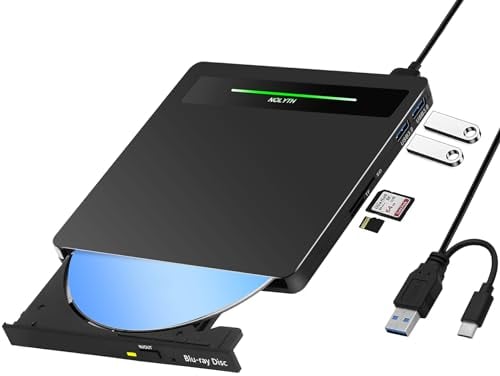 NOLYTH External Blu ray DVD Drive, USB 3.0 Type-C Portable Blu-ray DVD Burner Read/Write Slim 3D Bluray DVD/BD Player Reader Writer with SD/TF/2 USB Ports for Laptop Mac MacBook PC Windows 11 Desktop