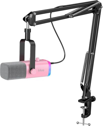 FIFINE XLR Gaming Microphone USB, PC Dynamic Microphone Kit for Vocal, Recording, Podcast, Streaming RGB Mic with Headphone Jack, Mute Button, Boom Arm Stand for Computer/Mixer-AmpliGame AM8T Pink