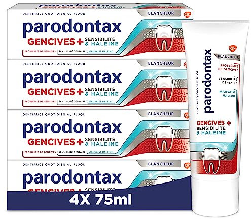 PARODONTAX - Dentifrice Gencives+ Sensibilité & Haleine Blancheur - Cible les Problèmes de Gencives, la Mauvaise Haleine, la Sensibilité Dentaire & les Taches - Au Fluor - 4 x 75 ml