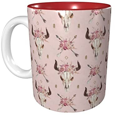 Lsjuee Bull Skull Tribal Coffee Mugs 11 OZ Ceramics Mug for Office and Home Water Tea Mug Cup Inside Red