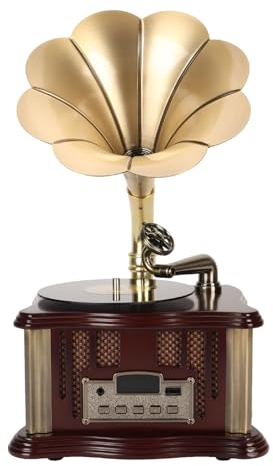 Vintage Retro-Phonograph-Grammophon, Dual-HiFi-Breitbandlautsprecher, Bluetooth 5.0, USB-Aufladung, Retro-Legierungs-Grammophon mit Fernbedienung, UKW-Radio (Kaffee)
