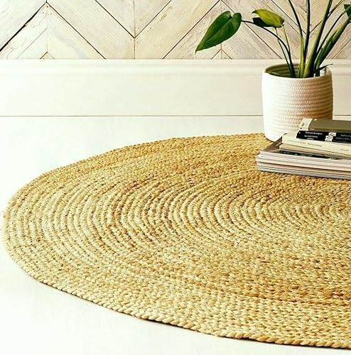 EcoKunst Jute Teppich Rund, Handgewebt 100% Naturfaser, Boho Ethno Muster Modern, Natur Farbe für Wohnzimmer, Schlafzimmer, Flurteppich (200 cm), EKR-J101