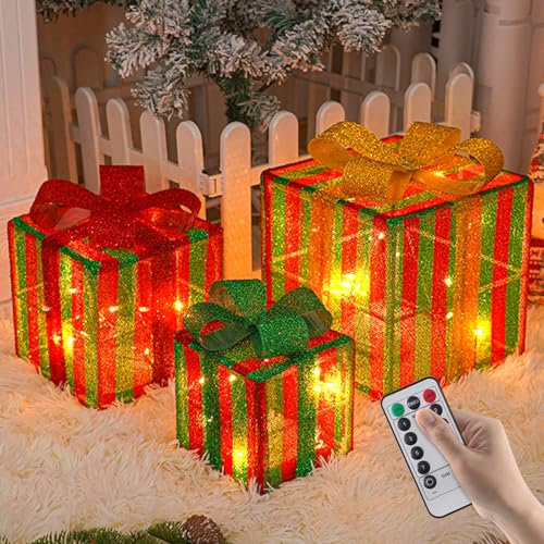 Pack of 3 Christmas Decoration LED Gift Boxes, Gift Light Boxes with Timer and 8 Light Modes, Bow Gift Boxes Set, Christmas Lighting, Battery Operated for Christmas Decoration, Outdoor and Indoor (D)