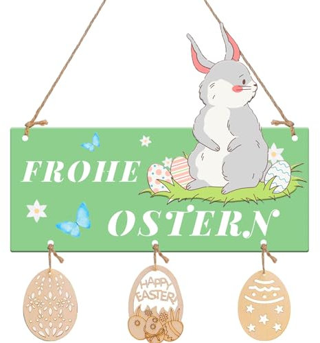 KEELYY Türschild Frohe Ostern, Holz Dekoschild für Ostern, Osterdeko mit Osterhase, Holzschild Hase zum Aufhängen für Haustür, Osterparty, Dekoration