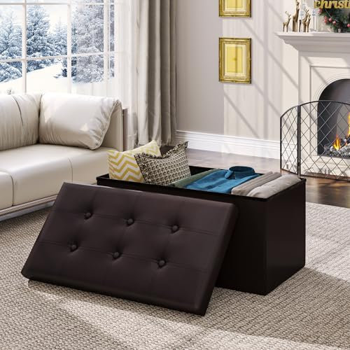 YITAHOME Ottoman 76 x 38 x 38 cm Faltbarer Sitzhocker Sitzbank mit Stauraum Fußhocker mit Deckel, aus Kunstleder,Wohnzimmer, Schlafzimmer (braun)