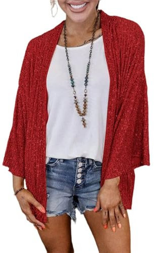 WLLDDDIU Bolero für Damen,glänzendes Pailletten Design,Kurze Oberteile,Lange Ärmel,Strickjacke,vorne offen,durchsichtig,Schulterjacke,Umhang,Abendparty,Vertuschung für Kleider,rot,L