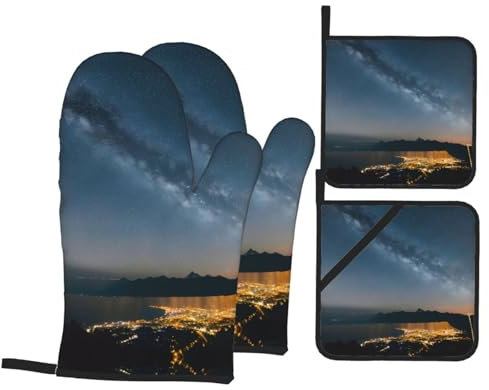 Night Sky Sunset Oven Mitts and Pot Holders Sets - Perfect for Kitchen Aid and Valentine's - Durable Kitchen Oven Glove Set