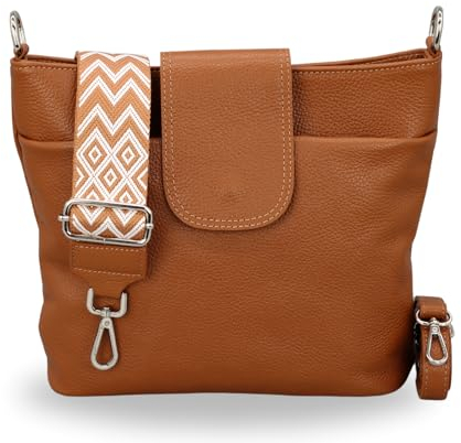BRISE Umhängetasche Damen Echtes Leder ELLIE Handgemachte Crossbody Bag mit Ledergurt + Optionalen Breiten Gemusterten Riemen 6 Fächer Wasserdichte Schultertasche Made in Italy (Cognac Braun - 3)