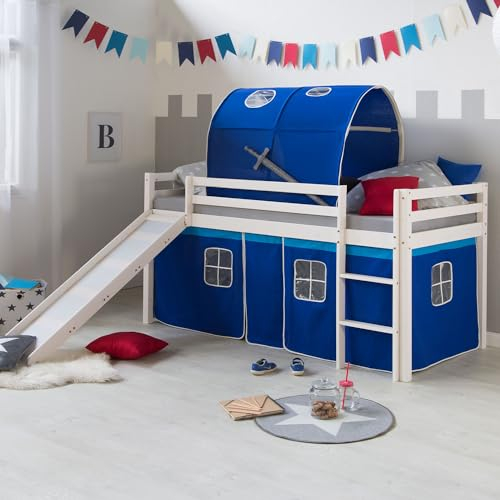 Homestyle4u 2572, Kinderbett 90x200 Weiß Blau Hochbett mit Rutsche Treppe Matratze Lattenrost Vorhang Tunnel