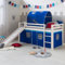 Homestyle4u 2572, Kinderbett 90x200 Weiß Blau Hochbett mit Rutsche Treppe Matratze Lattenrost Vorhang Tunnel