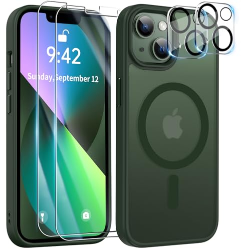 YisrLery 5-in-1 iPhone 13 Hülle für Mag Safe mit 2 Stück Schutzfolie und 2 Stück Kameraschutz Militärnorm Schutz, PC Kratzresistente Rückseite Stoßfest TPU Bumper Magnetische Hülle 6,1'' (Grün)