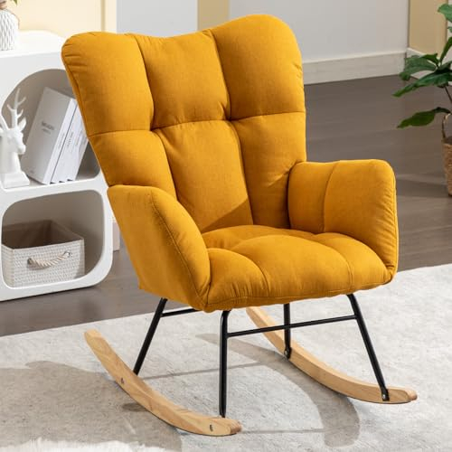DEKKETO Schaukelstühle Leinen, Gemütlicher Stillsessel, Relaxstuhl Schaukelsessel Holz für Wohnzimmer Schlafzimmer, Bequeme Lesesessel für Kinderzimmer, Gelb