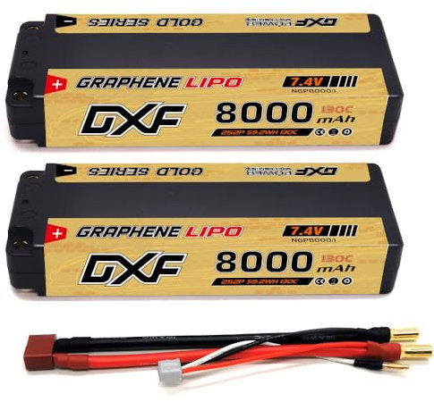 DXF 2S Lipo Battery - 8000mAh 7.4V 130C Lipo Battery for RC Cars & Trucks - Hardcase 5.0mm Deans T Plug - For RC Hobby - lipo battery Efra Certified - 2 Pack Ideal for 1/10 & 1/8 Scale RC Cars