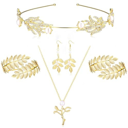 ORAZIO 6Pcs Griechische Göttin Kostüm Schmuck für Damen Gold Leaf Haarreif Oberarmreif Manschette Armband Gold Lorbeerkranz Kopfschmuck Ohrringe Armreif Festival Halloween Toga Kostümschmuck
