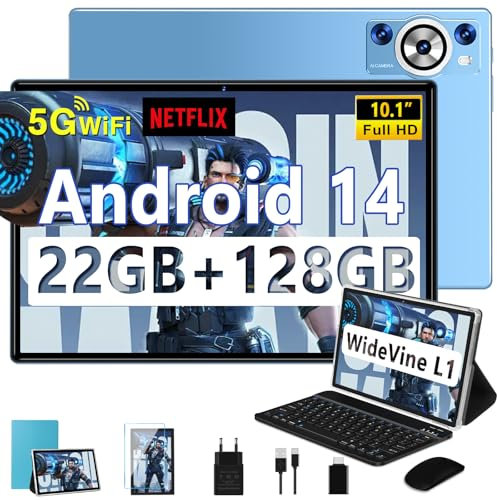 Tablet 10 Zoll Android 14 mit Tastatur, Octa-Core 2.0Ghz, 5G+2.4G WLAN, 22GB RAM+128GB ROM TF 1TB, 8000mAh, BT 5.0, GPS, Widevine L1, Gesichtserkennung, 1280*800, 8+5MP, Tablet mit Maus, Blau