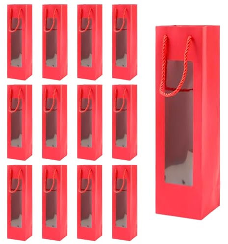 YUNXCNA Weinflaschenbeutel aus Kraftpapier, 12 Stück Geschenktüten für Wein, Flaschentüten Geschenktüte mit Griff, Kraft Wein Organize, Geschenktüten, Für Hochzeit, Party geschenktüten Flaschen(Rot)