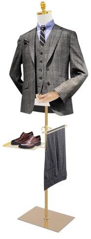 LENDISIY Schneiderpuppe Männliche, Schaufensterpuppe Ankleideform Höhenverstellbarer, Mannequin Torso Kleiderpuppe zum Ausstellen und Nähen (Weiß+Gold+Holz, M)