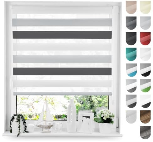 Tom'Shop Doppelrollo Klemmfix ohne Bohren Schwarz-Weiß-Grau 40cm x 130cm | Duo Rollo mit Klemmträger Fensterrollo Seitenzugrollo für Lichtschutz Sichtschutz Sonnenschutz leichte Montage