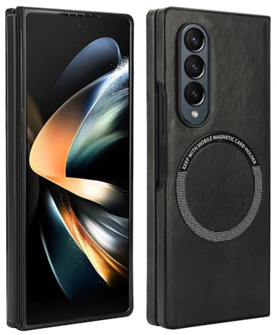 XKchatpt Magnetische handyhülle für Samsung Galaxy Z fold 3, kompatibel mit Unterstützt kabelloses Laden, stoßfeste, schlanke Hartschale aus PU-Leder für Samsung Galaxy Z fold 3 (Schwarz)