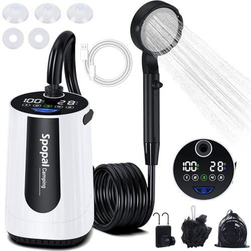Spopal Douche Portable, [10000mAh] Kit Douche de Camping,Douche Camping, Rechargeable, avec Afficheur Intelligent et 5 Vitesses Réglables pour Extérieure,Camping,Voyage,Blanc