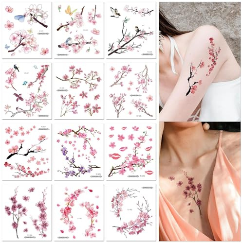 12 Feuilles De Tatouages Temporaires Imperméables En Forme De Fleur De Cerisier, De Clavicule, De Bras, De Petite Fleur Fraîche