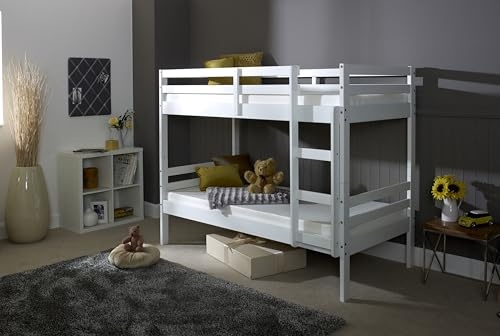 Mission Durham White Wooden Bunk Bed – Convertible to 2 Separate Beds, Small Single or 3ft Single Sizes – Safe Ladder, Slatted Design, Space-Saving Kids Bed Frame (2ft6 Small Single)