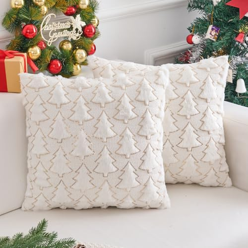 Brylleii 2er Set Kissenbezüge Weihnachten Samt Beige 40x40 cm Kiefern Baum Grün Muster Weihnachts Kissenbezug Winter Weiß Gold Weihnachtsdeko Kissenhülle Dekorative Sofakissenbezüge für Couch