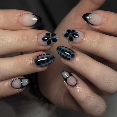 Auroriel 24 pièces ongles courts en amande bleu foncé à motif crocodile faux ongles réutilisables pour femmes manucure DIY couverture complète