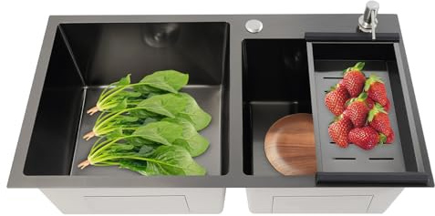Fregadero de cocina de 78 x 43 x 22 cm, acero inoxidable con dispensador de jabón, 2 cuencos, fregadero de acero inoxidable, para hogares, restaurantes, lavaderos, etc